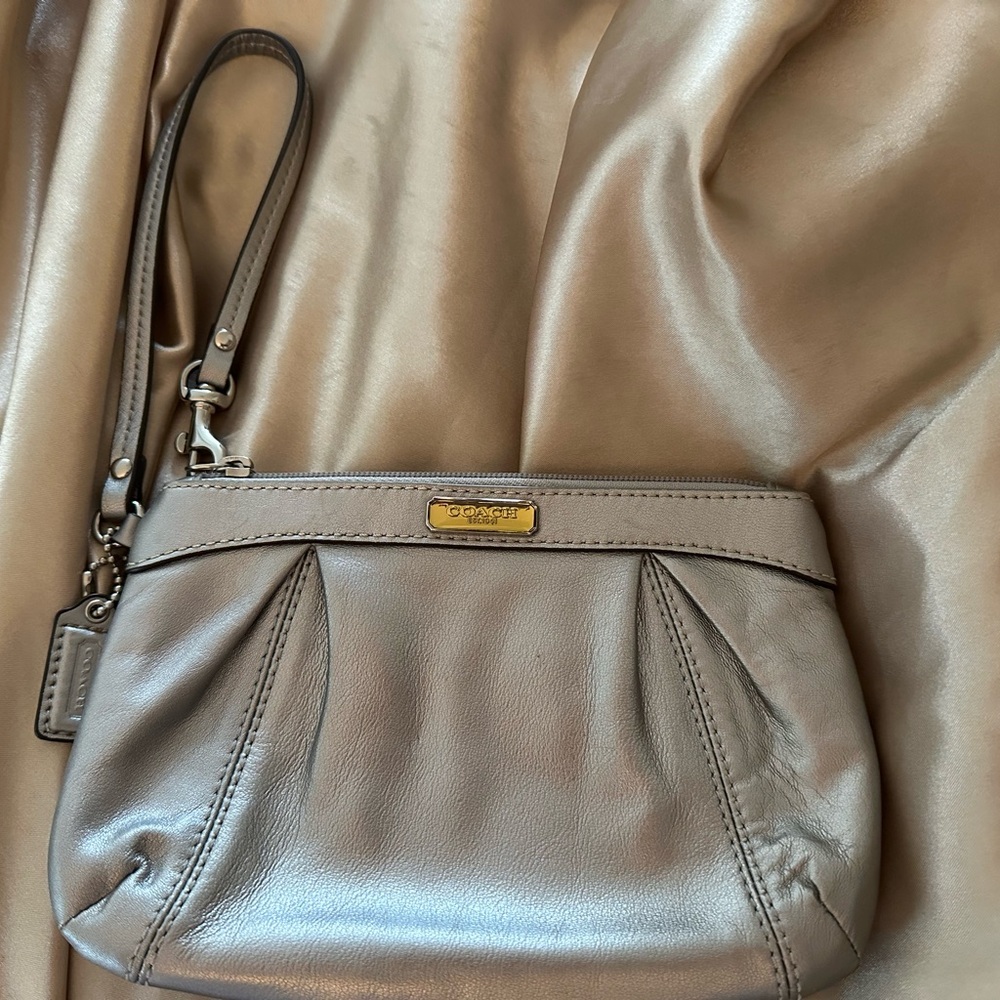 Coach Metallic Silver Pleated Wristlet  Clutch